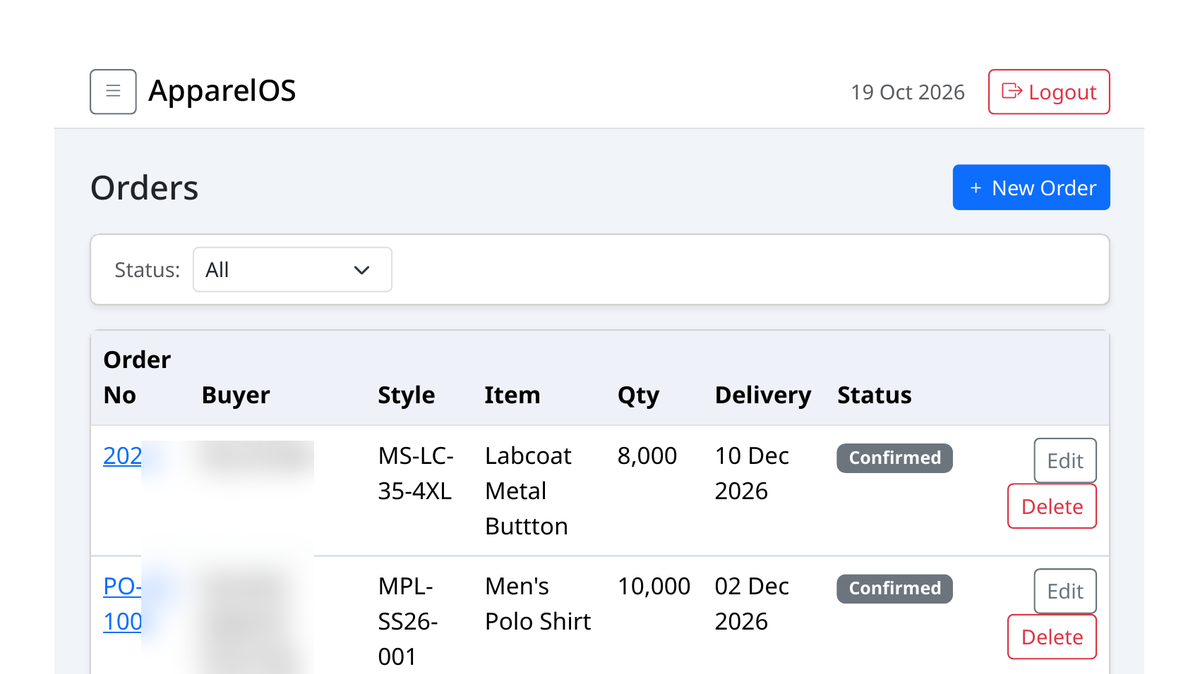 ApparelOS orders list – garment order management with buyer, style, quantity, delivery date